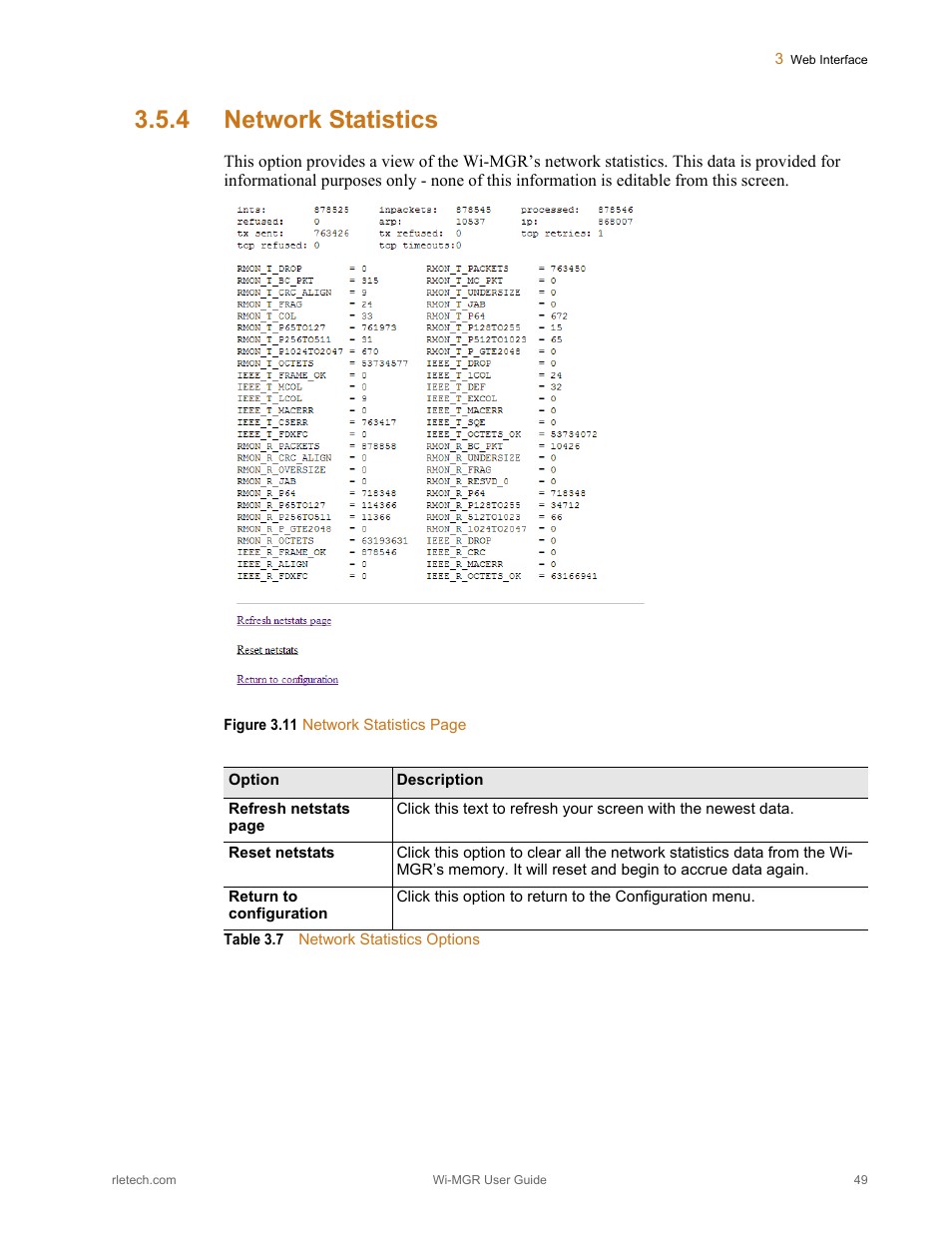 4 network statistics, Network statistics, Figure 3.11 | Table 3.7, Network statistics options | RLE Wi-MGR V.1.6 User Manual | Page 49 / 74