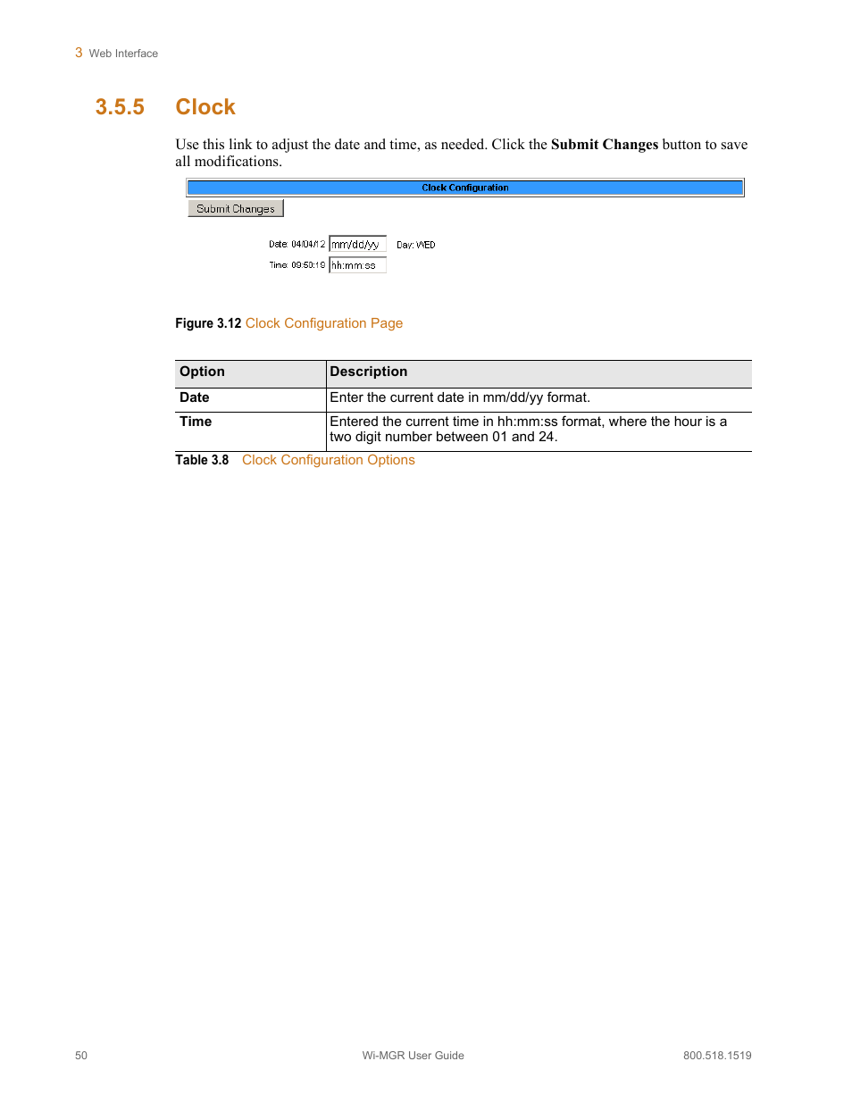 5 clock, Clock, Figure 3.12 | Table 3.8, Clock configuration options | RLE Wi-MGR V.1.6 User Manual | Page 50 / 74