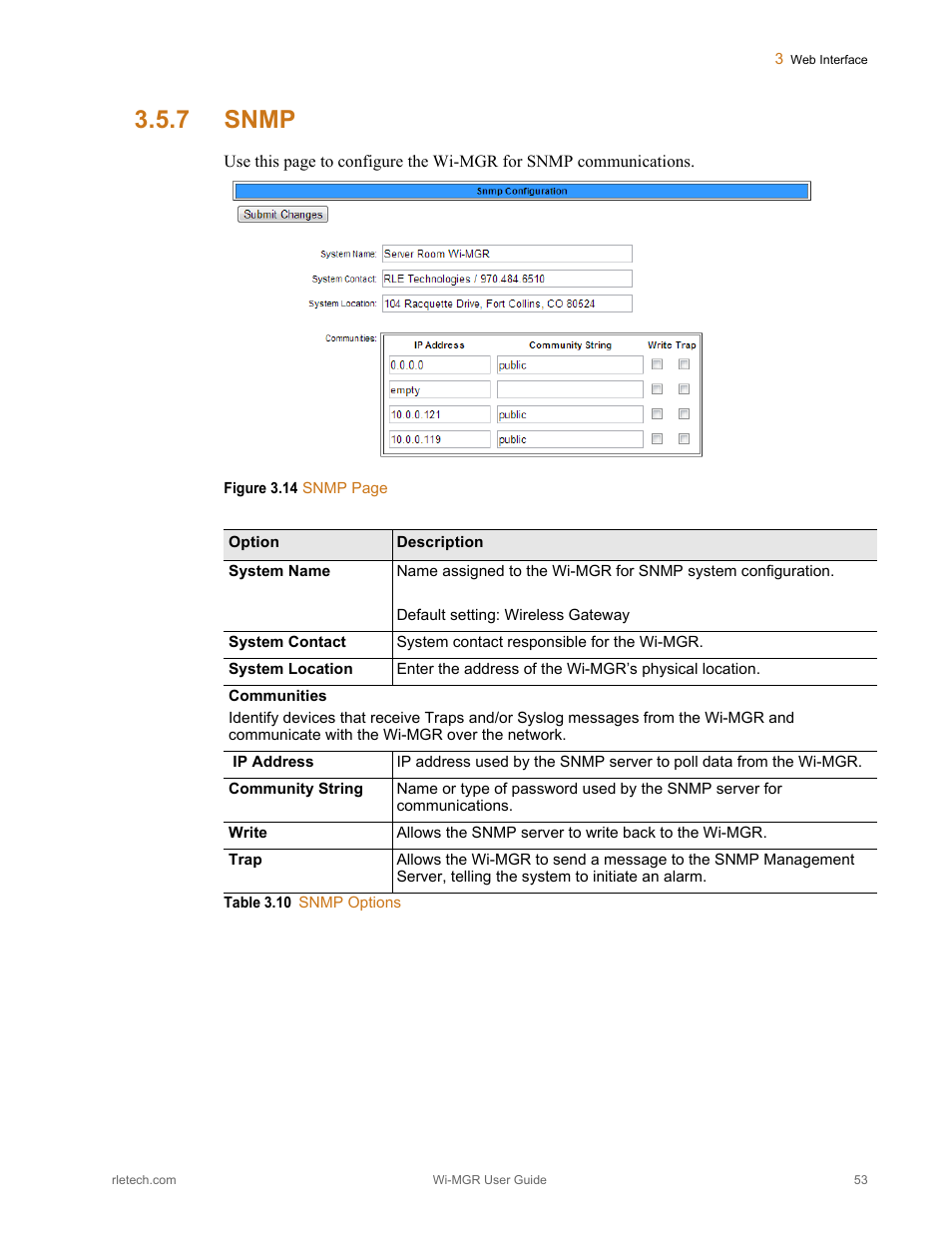 7 snmp, Snmp, Figure 3.14 | Table 3.10, Snmp options | RLE Wi-MGR V.1.6 User Manual | Page 53 / 74