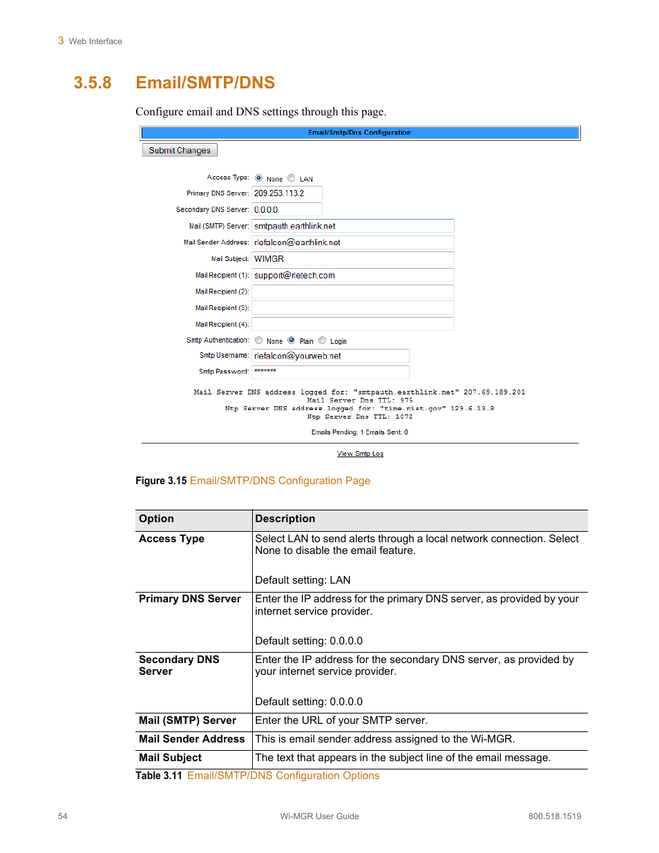 8 email/smtp/dns, Email/smtp/dns, Figure 3.15 | Table 3.11, Email/smtp/dns configuration options | RLE Wi-MGR V.1.6 User Manual | Page 54 / 74