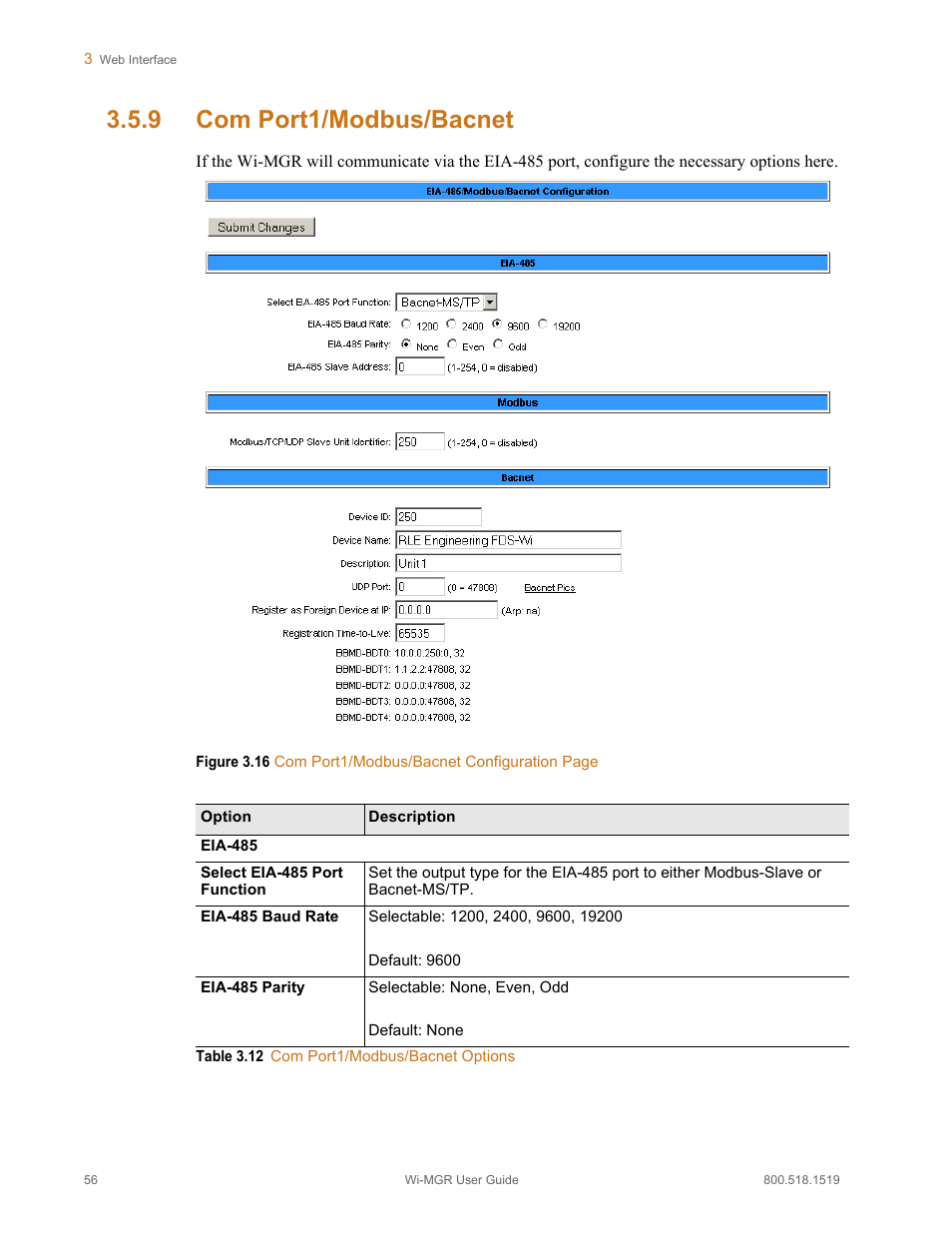 9 com port1/modbus/bacnet, Com port1/modbus/bacnet, Figure 3.16 | Table 3.12, Com port1/modbus/bacnet options | RLE Wi-MGR V.1.6 User Manual | Page 56 / 74