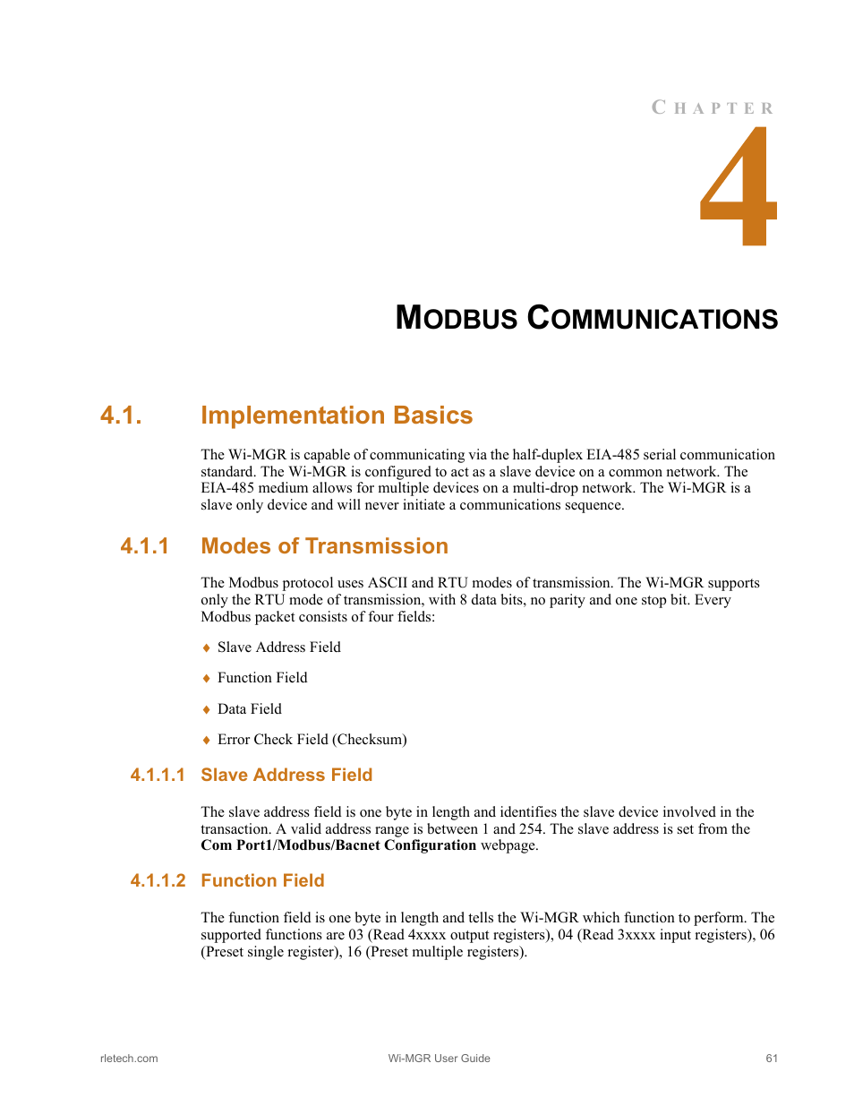 Modbus communications, Implementation basics, 1 modes of transmission | 1 slave address field, 2 function field, Modes of transmission, Slave address field function field, Odbus, Ommunications | RLE Wi-MGR V.1.6 User Manual | Page 61 / 74