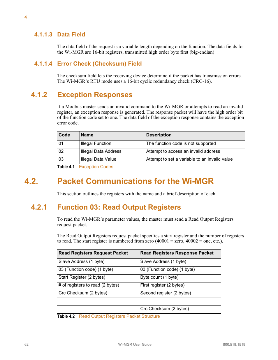 3 data field, 4 error check (checksum) field, 2 exception responses | Packet communications for the wi-mgr, 1 function 03: read output registers, Data field error check (checksum) field, Exception responses, Function 03: read output registers, Table 4.1, Exception codes | RLE Wi-MGR V.1.6 User Manual | Page 62 / 74