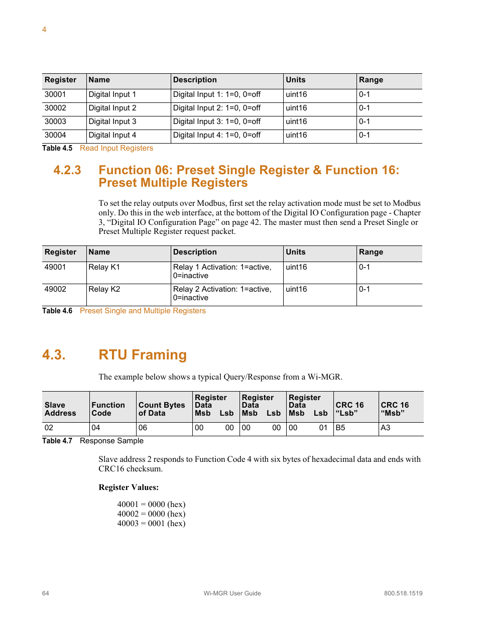 Rtu framing, Table 4.5, Read input registers | Table 4.6, Preset single and multiple registers, Table 4.7, Response sample | RLE Wi-MGR V.1.6 User Manual | Page 64 / 74