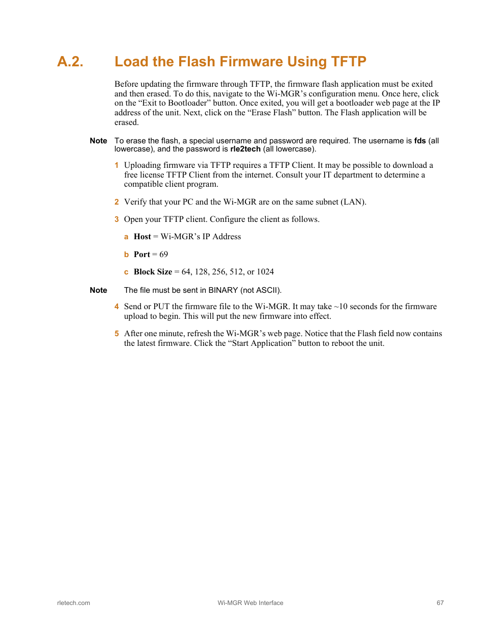 A.2. load the flash firmware using tftp, Load the flash firmware using tftp | RLE Wi-MGR V.1.6 User Manual | Page 67 / 74