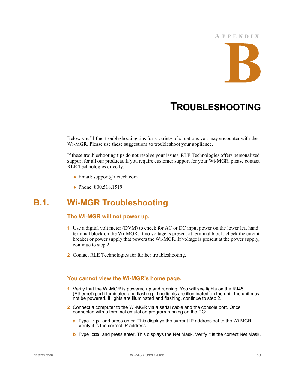 Troubleshooting, B.1. wi-mgr troubleshooting, Wi-mgr troubleshooting | Roubleshooting | RLE Wi-MGR V.1.6 User Manual | Page 69 / 74
