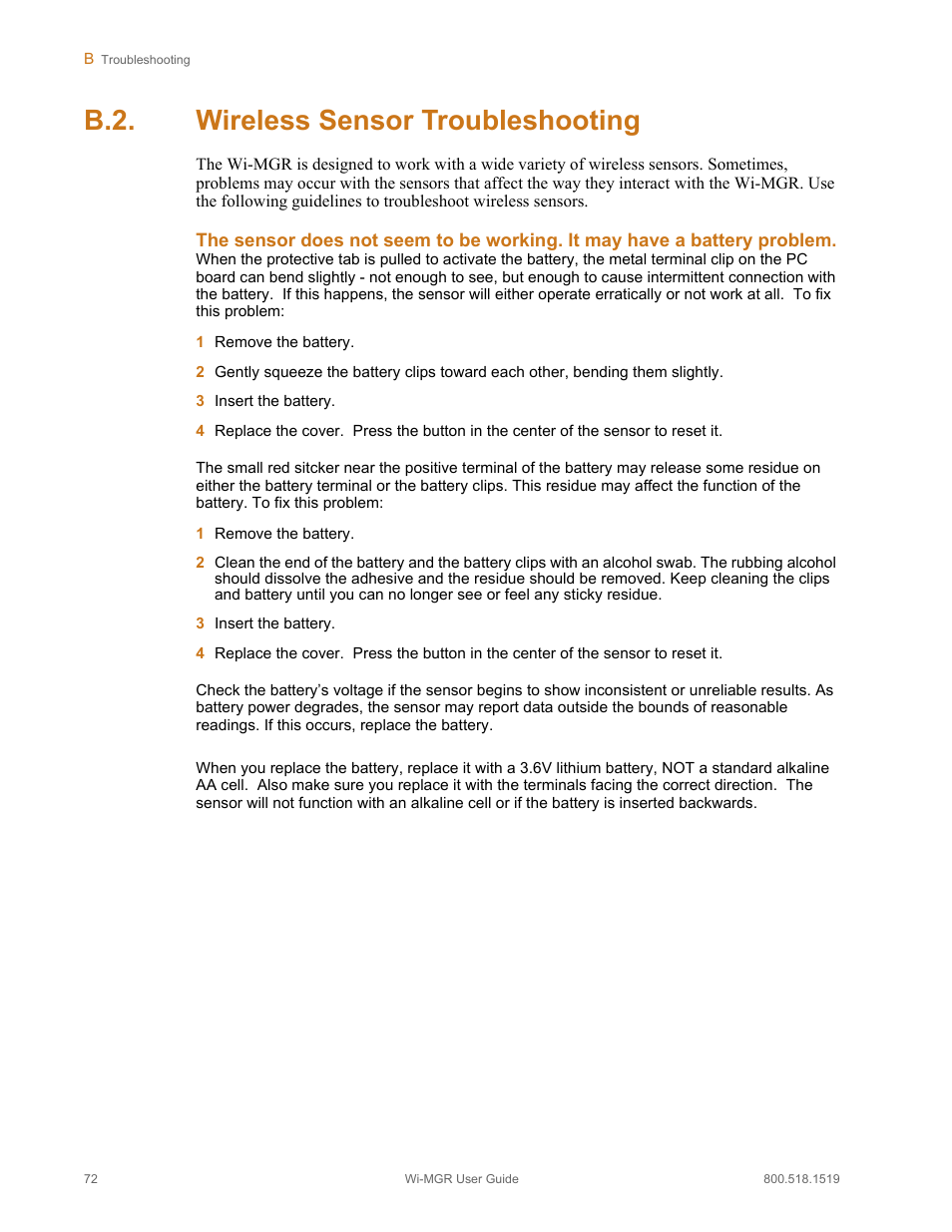 B.2. wireless sensor troubleshooting, Wireless sensor troubleshooting | RLE Wi-MGR V.1.6 User Manual | Page 72 / 74