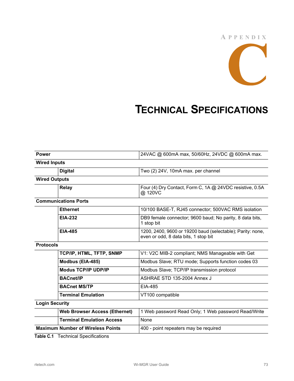 Technical specifications, Table c.1, Echnical | Pecifications | RLE Wi-MGR V.1.6 User Manual | Page 73 / 74