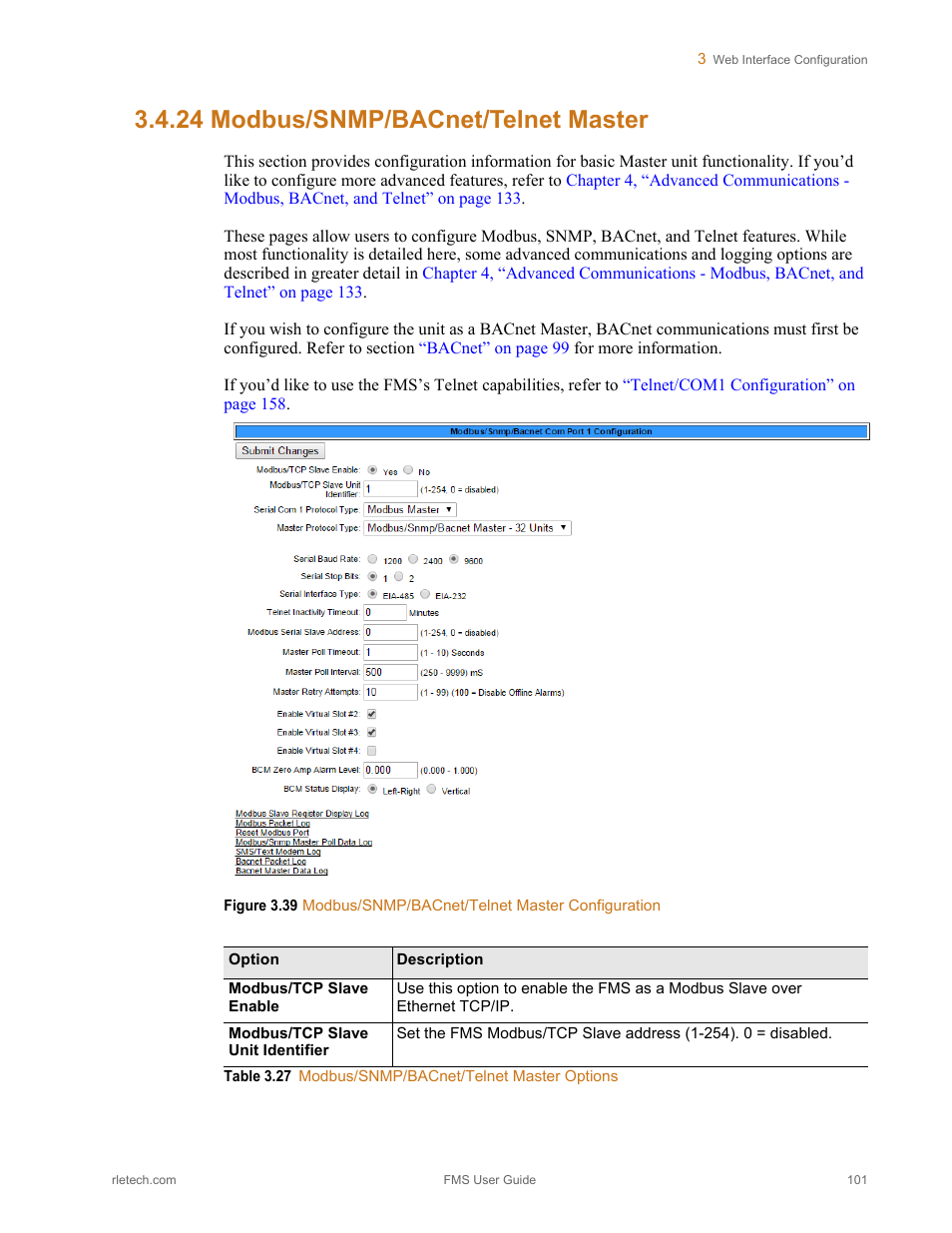 24 modbus/snmp/bacnet/telnet master, Modbus/snmp/bacnet/telnet master, Table 3.27 | Modbus/snmp/bacnet/telnet master options | RLE FMS V.1.13 User Manual | Page 101 / 226