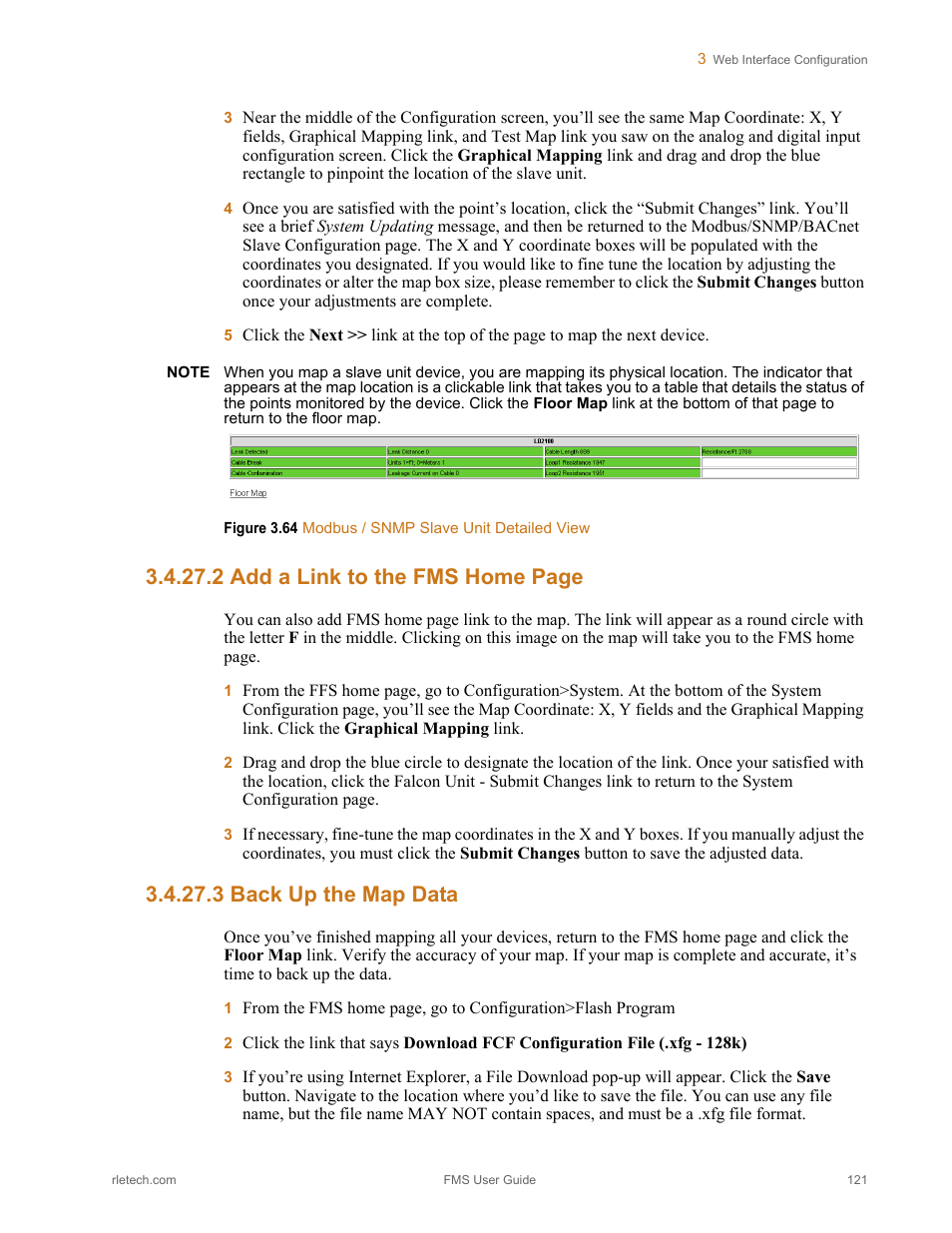 3 back up the map data, Figure 3.64 modbus / snmp slave unit detailed view, 2 add a link to the fms home page | RLE FMS V.1.13 User Manual | Page 121 / 226