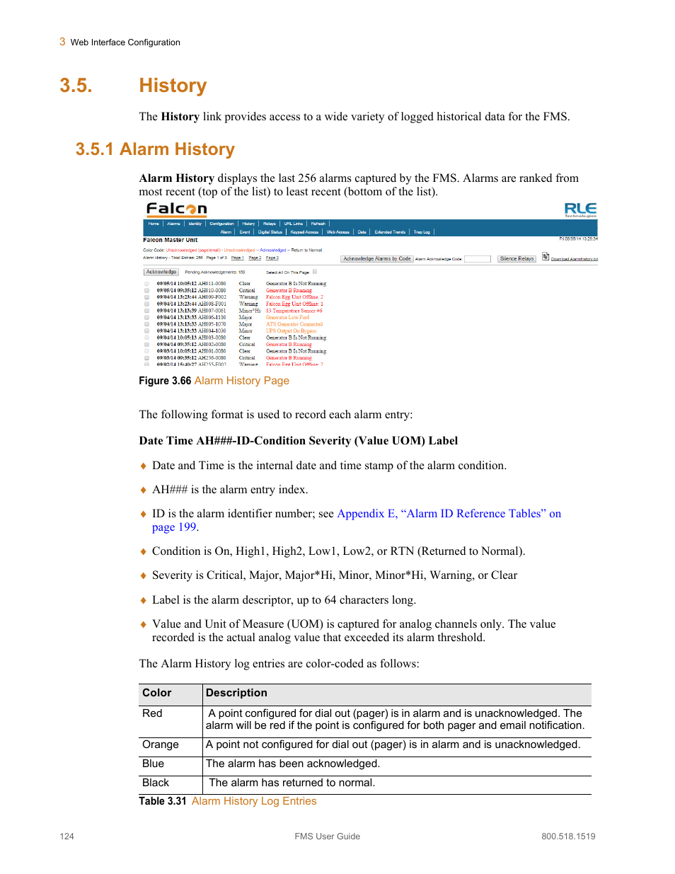 History, 1 alarm history, Alarm history | Table 3.31, Alarm history log entries | RLE FMS V.1.13 User Manual | Page 124 / 226
