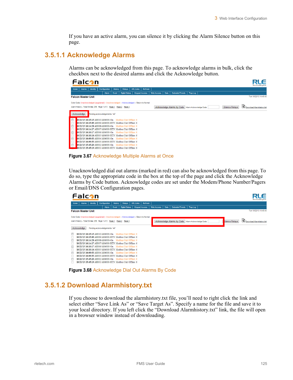 1 acknowledge alarms, 2 download alarmhistory.txt, Acknowledge alarms download alarmhistory.txt | RLE FMS V.1.13 User Manual | Page 125 / 226