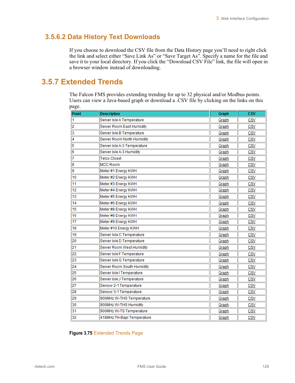 2 data history text downloads, 7 extended trends, Data history text downloads | Extended trends | RLE FMS V.1.13 User Manual | Page 129 / 226