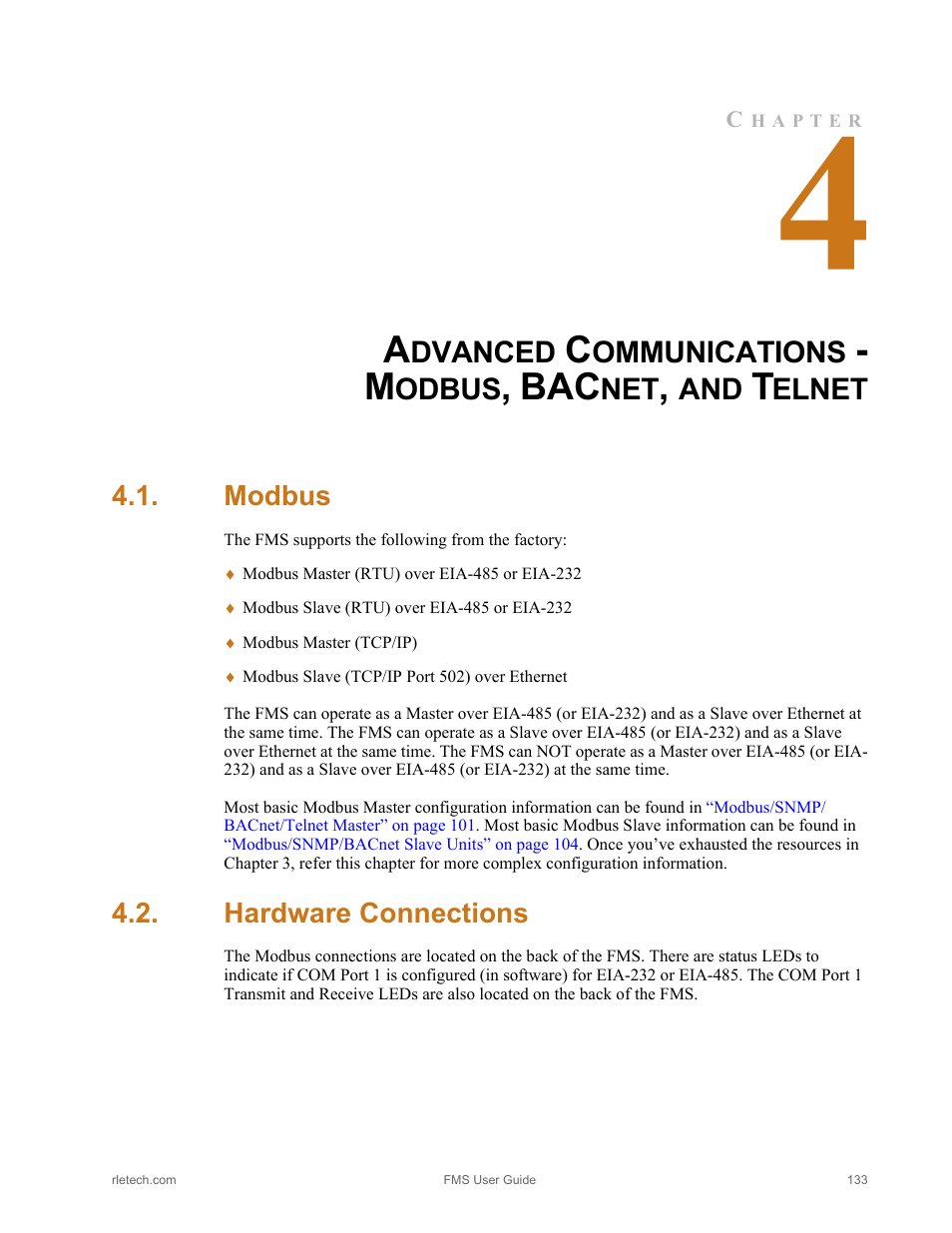 Modbus, Hardware connections, Modbus hardware connections | Fer to, Chapter 4, “advanced communications, Greater detail in, Nd in, Chapter 4, “advanced, Dvanced, Ommunications | RLE FMS V.1.13 User Manual | Page 133 / 226