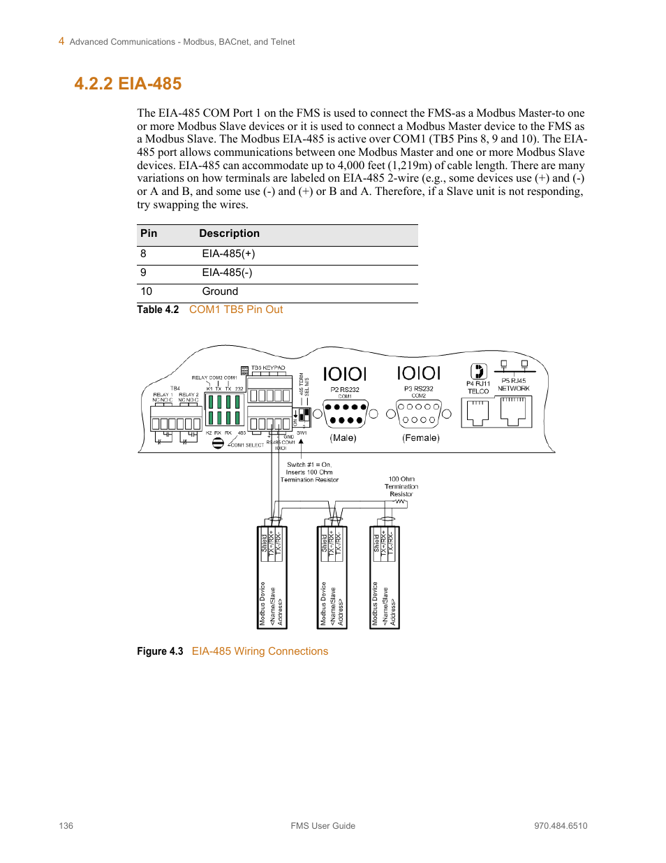 2 eia-485, Eia-485, Figure 4.3 | Eia-485 wiring connections, Table 4.2, Com1 tb5 pin out | RLE FMS V.1.13 User Manual | Page 136 / 226