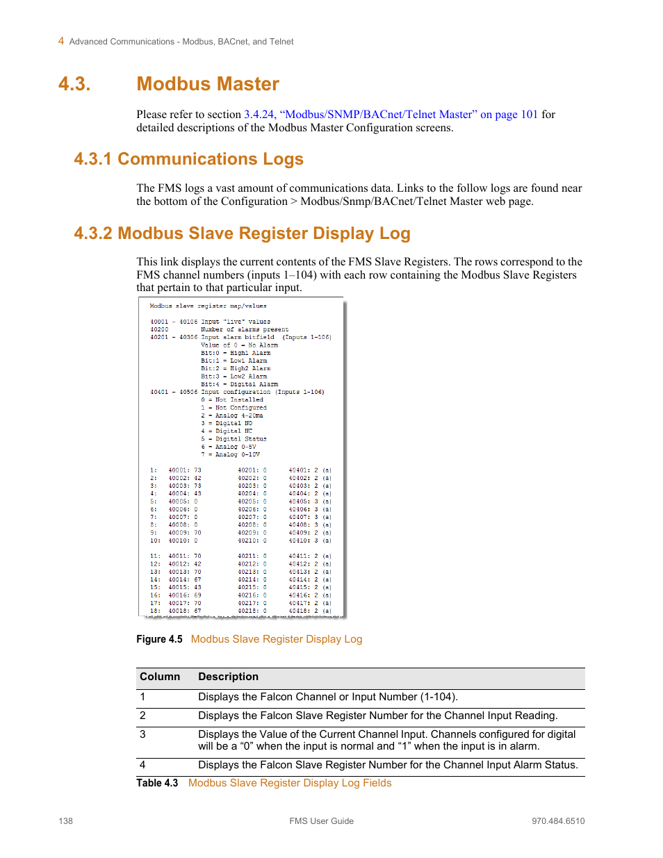Modbus master, 1 communications logs, 2 modbus slave register display log | Communications logs, Modbus slave register display log, Figure 4.5, Table 4.3, Modbus slave register display log fields | RLE FMS V.1.13 User Manual | Page 138 / 226