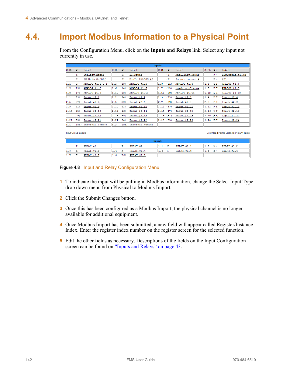 Import modbus information to a physical point, Figure 4.8, Input and relay configuration menu | RLE FMS V.1.13 User Manual | Page 142 / 226
