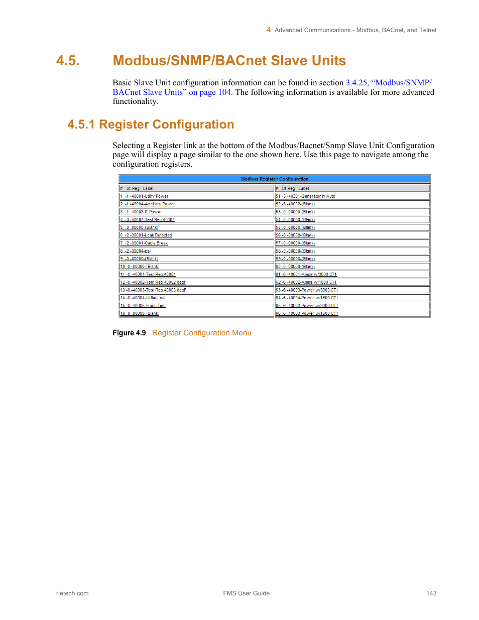Modbus/snmp/bacnet slave units, 1 register configuration, Register configuration | Figure 4.9, Register configuration menu | RLE FMS V.1.13 User Manual | Page 143 / 226