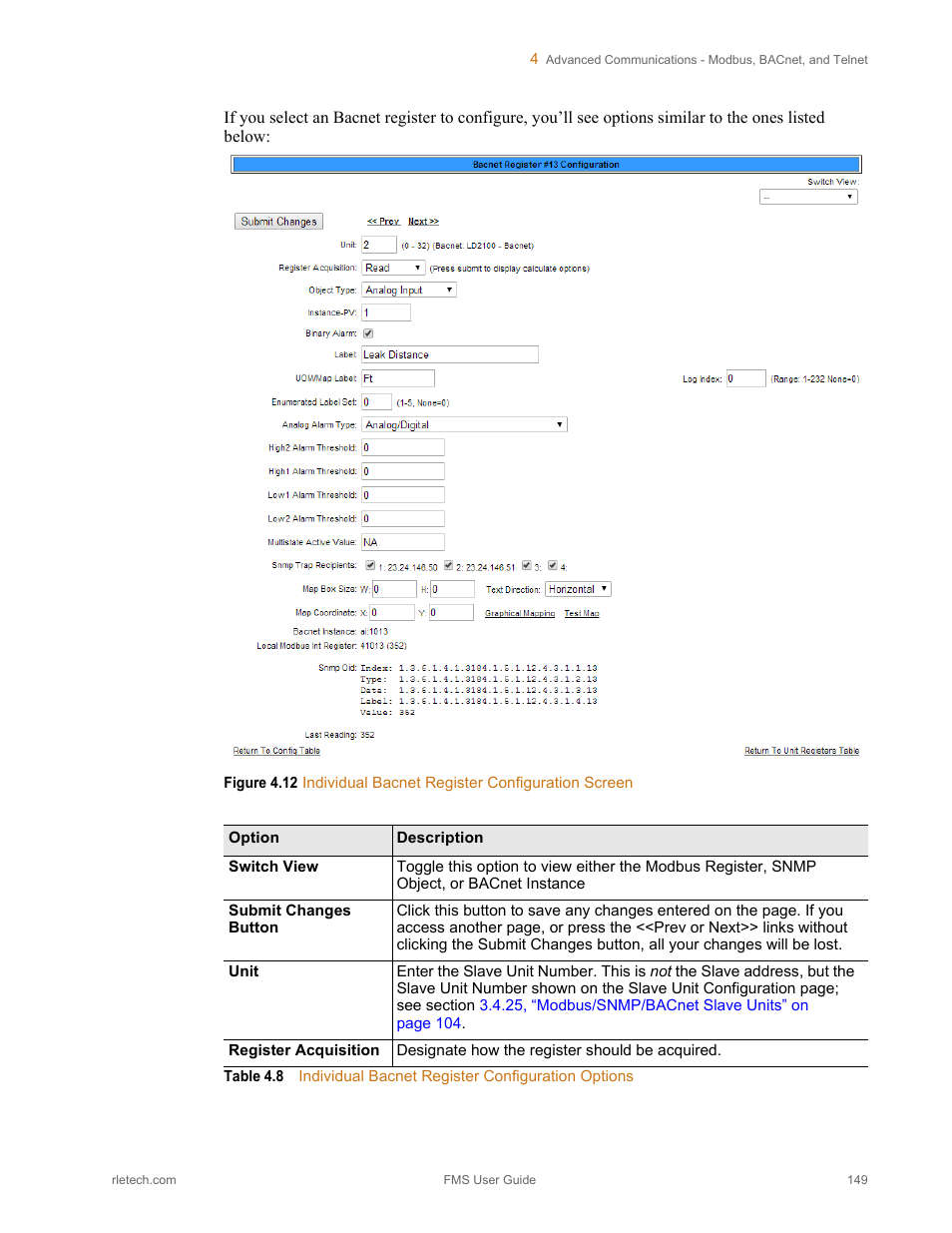 Table 4.8, Individual bacnet register configuration options | RLE FMS V.1.13 User Manual | Page 149 / 226