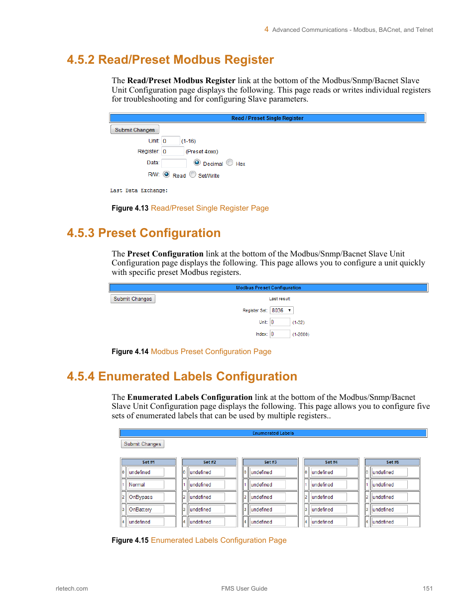 2 read/preset modbus register, 3 preset configuration, 4 enumerated labels configuration | RLE FMS V.1.13 User Manual | Page 151 / 226