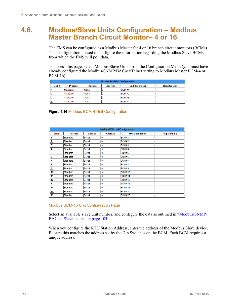 Figure 4.16 modbus bcm-4 unit configuration, Modbus/slave units configuration | RLE FMS V.1.13 User Manual | Page 152 / 226