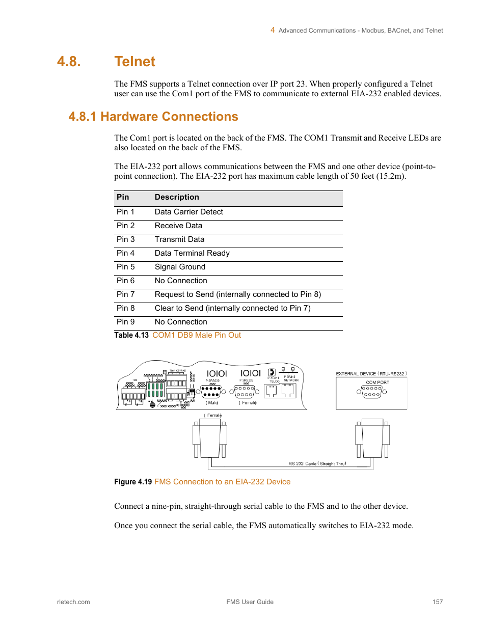 Telnet, 1 hardware connections, Hardware connections | Figure 4.19 fms connection to an eia-232 device, Table 4.13, Com1 db9 male pin out | RLE FMS V.1.13 User Manual | Page 157 / 226