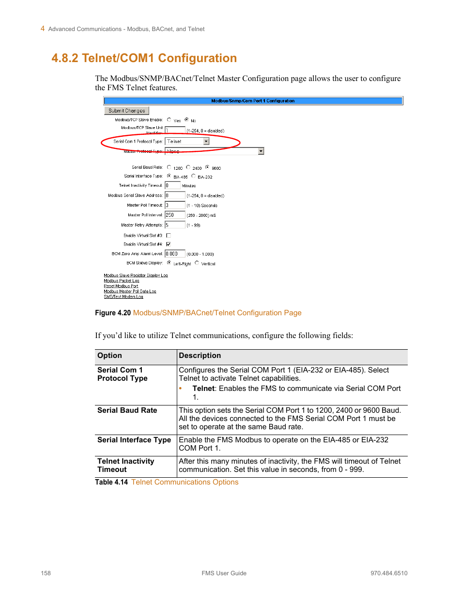 2 telnet/com1 configuration, Telnet/com1 configuration, Table 4.14 | Telnet communications options, Refer to, Telnet/com1 configuration” on | RLE FMS V.1.13 User Manual | Page 158 / 226