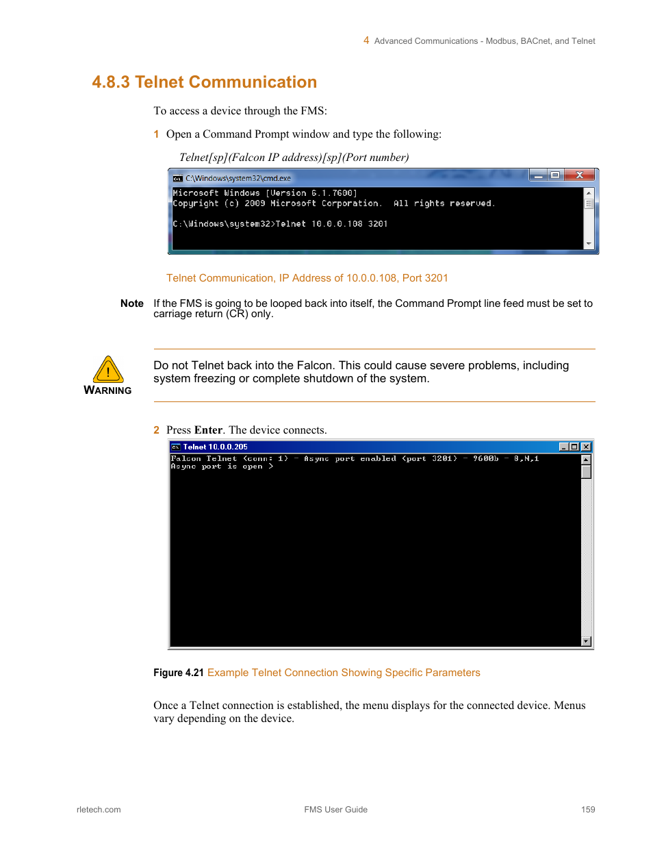 3 telnet communication, Telnet communication | RLE FMS V.1.13 User Manual | Page 159 / 226