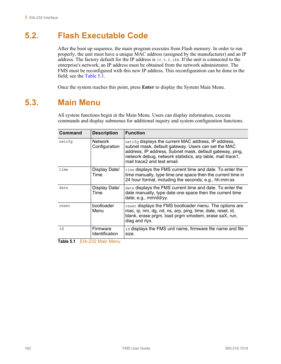 Flash executable code, Main menu, Flash executable code main menu | Table 5.1, Eia-232 main menu | RLE FMS V.1.13 User Manual | Page 162 / 226