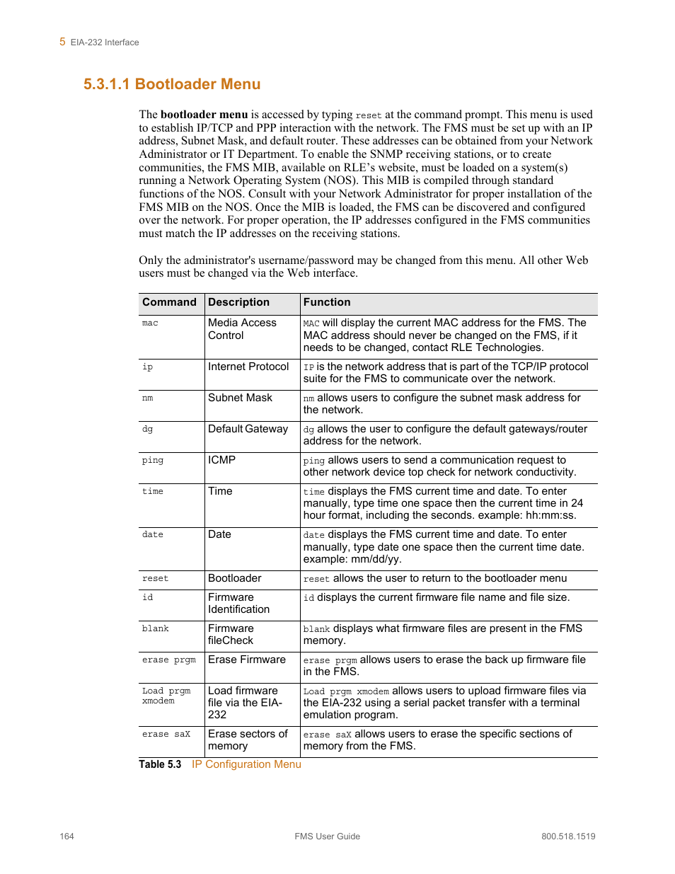 1 bootloader menu, Bootloader menu, Table 5.3 | Ip configuration menu | RLE FMS V.1.13 User Manual | Page 164 / 226