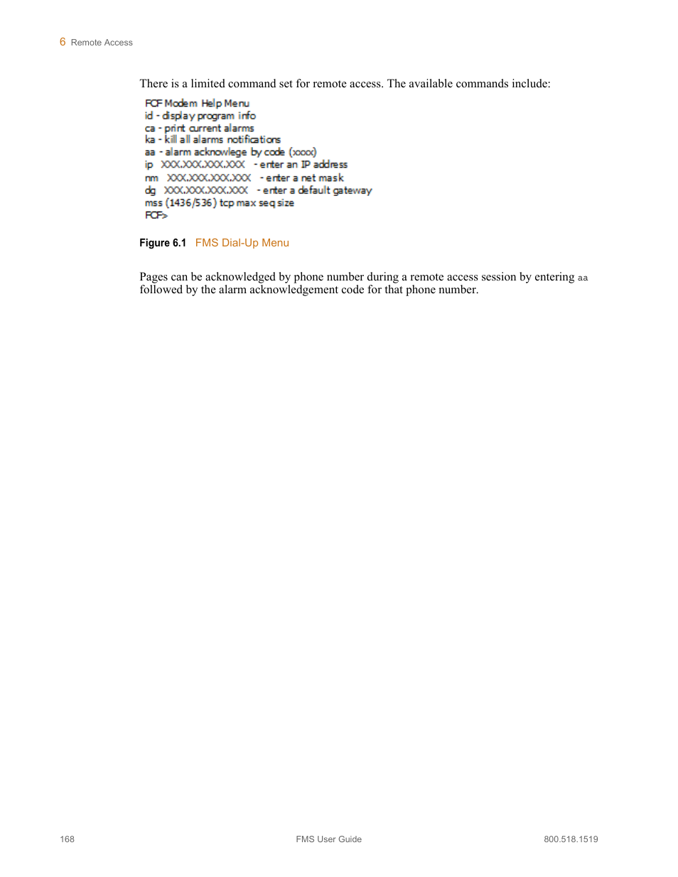 Figure 6.1, Fms dial-up menu | RLE FMS V.1.13 User Manual | Page 168 / 226
