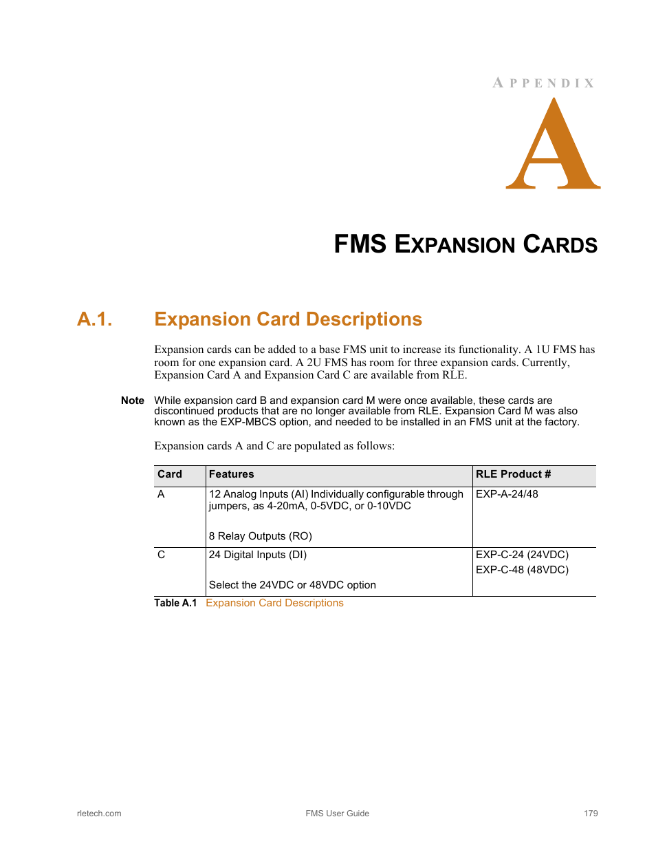 Fms expansion cards, A.1. expansion card descriptions, Expansion card descriptions | Table a.1, Appendix a, “fms expansion, Appendix a, Fms e, Xpansion, Ards | RLE FMS V.1.13 User Manual | Page 179 / 226