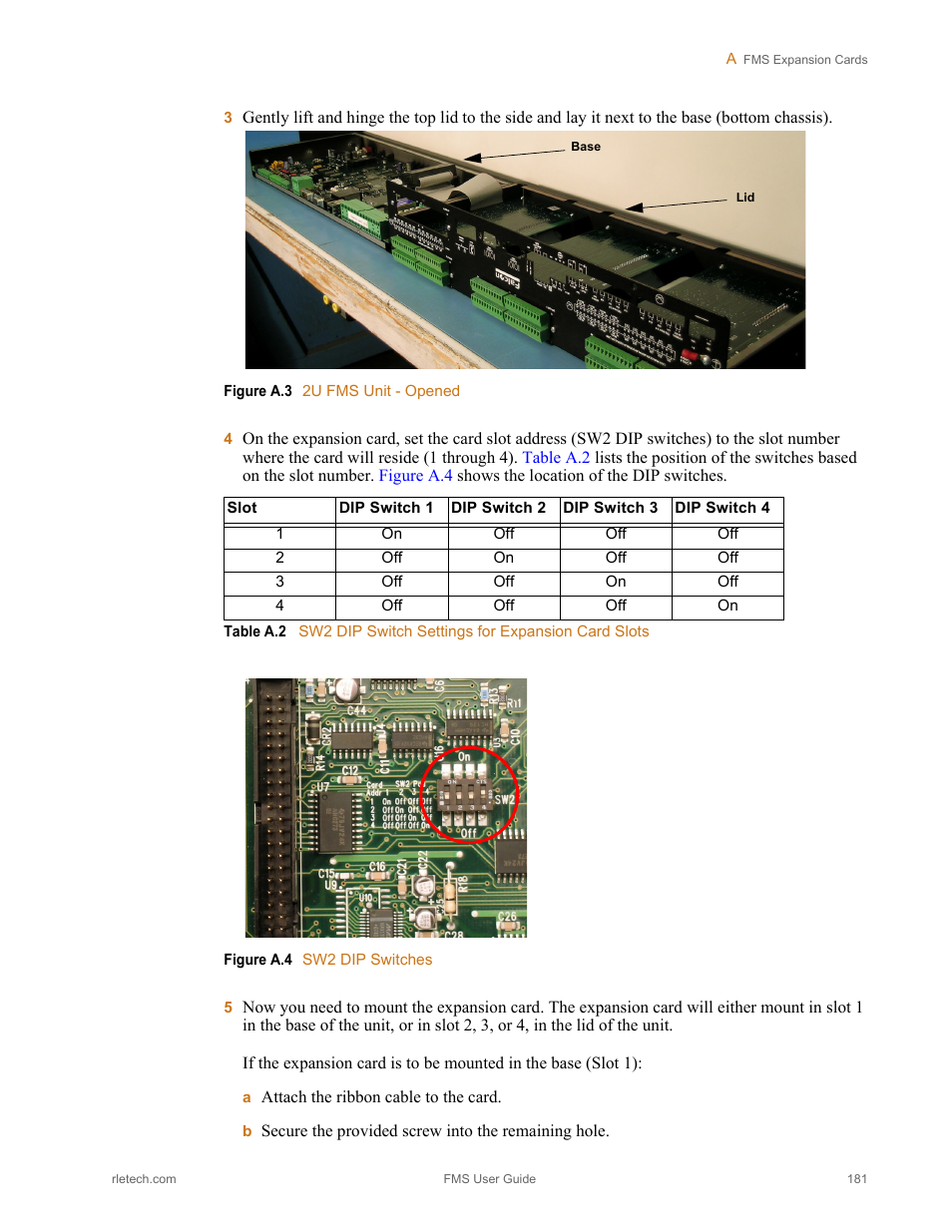 Figure a.3, 2u fms unit - opened, Figure a.4 | Sw2 dip switches, Table a.2, Sw2 dip switch settings for expansion card slots | RLE FMS V.1.13 User Manual | Page 181 / 226