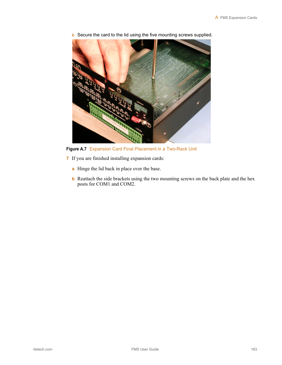 Figure a.7, Expansion card final placement in a two-rack unit | RLE FMS V.1.13 User Manual | Page 183 / 226