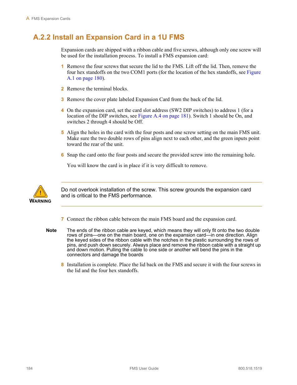 A.2.2 install an expansion card in a 1u fms, Install an expansion card in a 1u fms | RLE FMS V.1.13 User Manual | Page 184 / 226