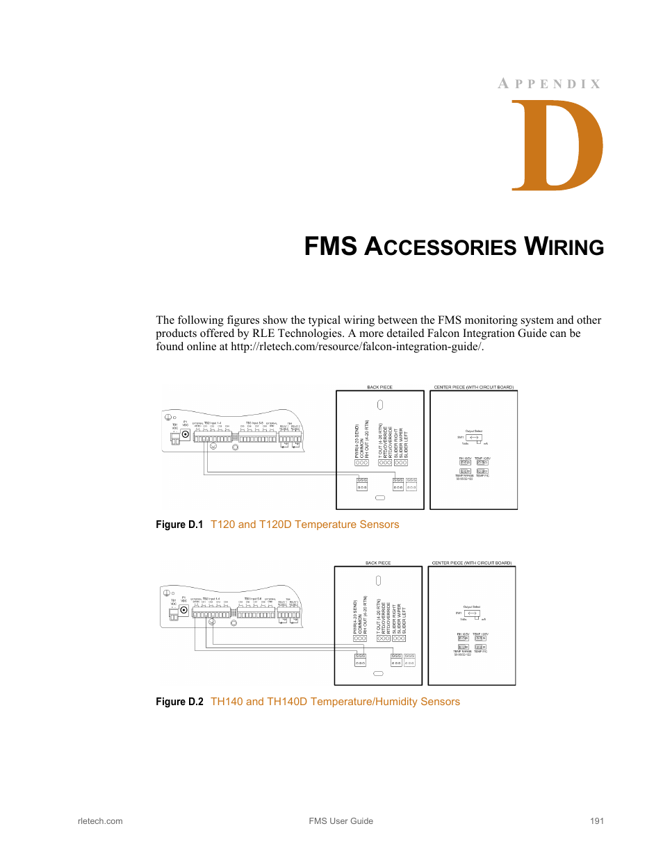 Fms accessories wiring, Figure d.1, T120 and t120d temperature sensors | Figure d.2, Th140 and th140d temperature/humidity sensors, For relay contact, Fms a, Ccessories, Iring | RLE FMS V.1.13 User Manual | Page 191 / 226