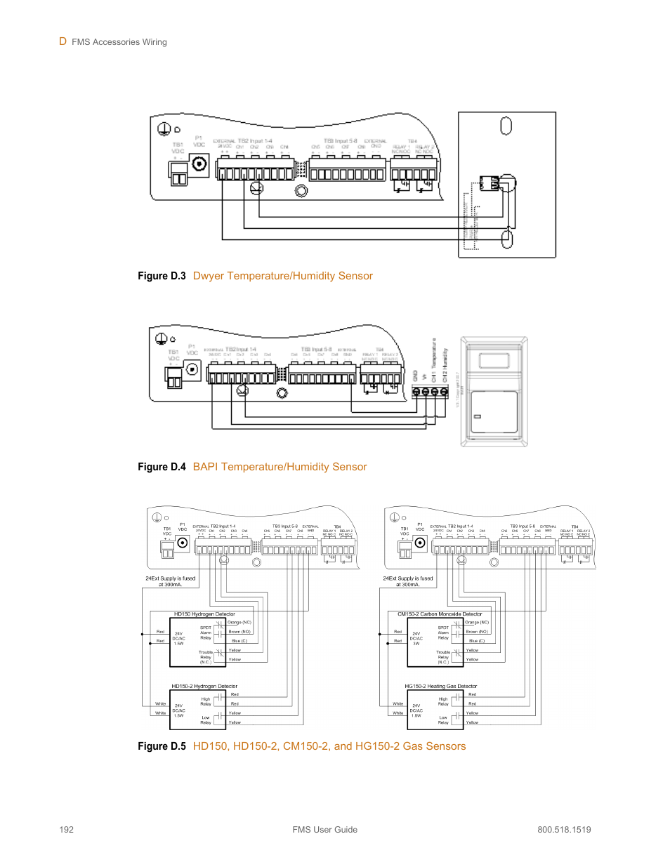 Figure d.3, Dwyer temperature/humidity sensor, Figure d.4 | Bapi temperature/humidity sensor, Figure d.5, Hd150, hd150-2, cm150-2, and hg150-2 gas sensors | RLE FMS V.1.13 User Manual | Page 192 / 226