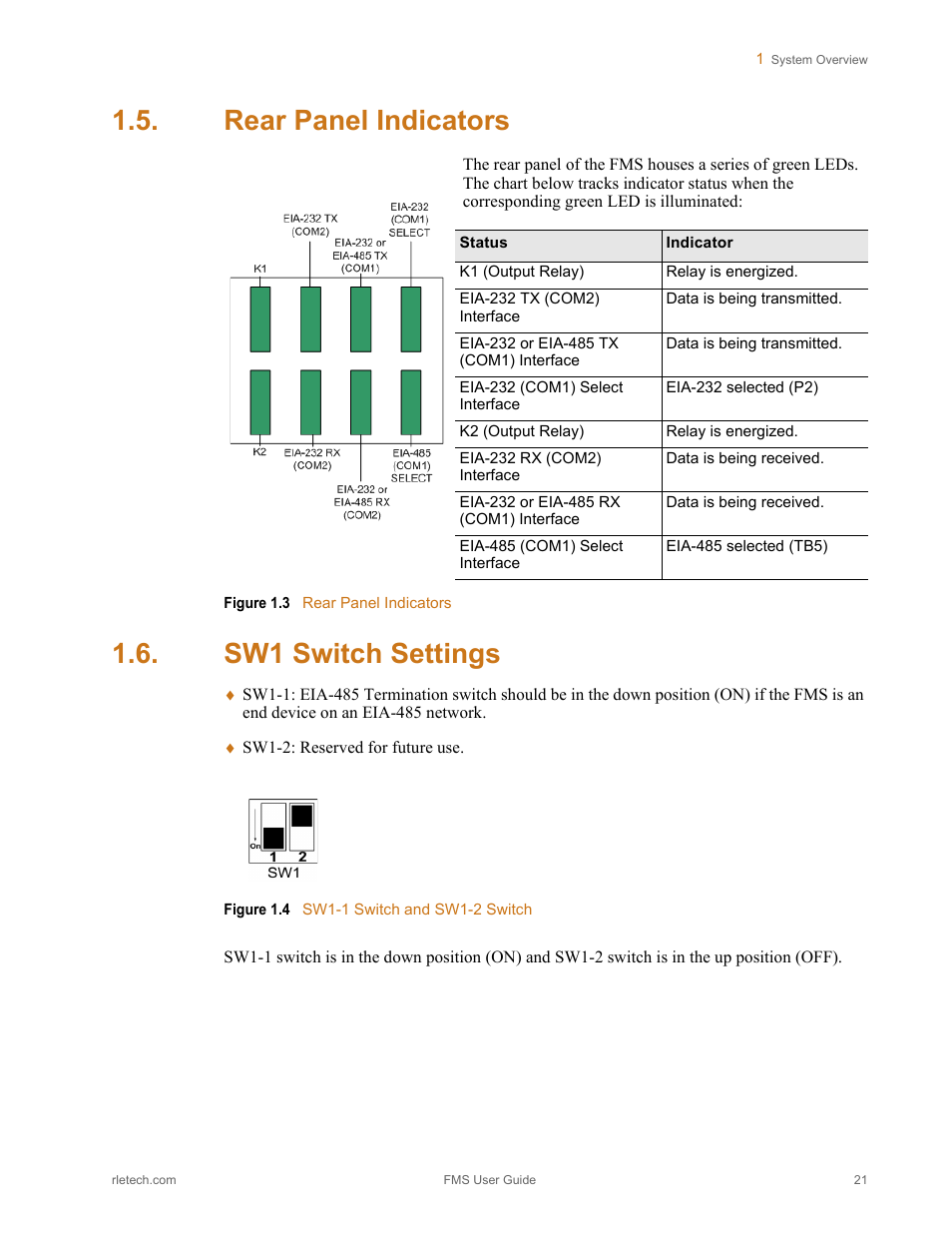 Rear panel indicators, Sw1 switch settings, Rear panel indicators sw1 switch settings | Figure 1.3, Figure 1.4, Sw1-1 switch and sw1-2 switch | RLE FMS V.1.13 User Manual | Page 21 / 226