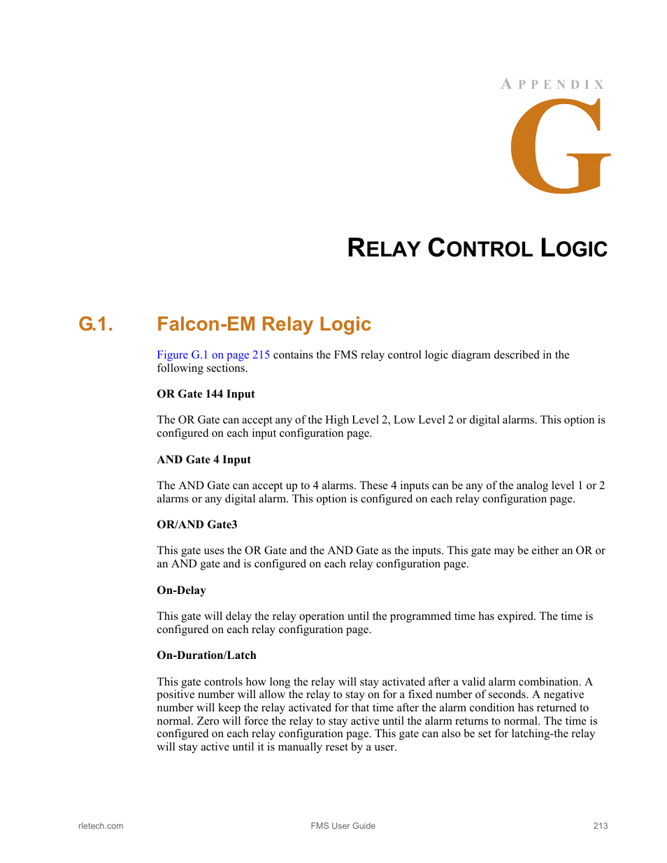 Relay control logic, G.1. falcon-em relay logic, Falcon-em relay logic | Appendix g, “relay control, Fer to, Appendix, Elay, Ontrol, Ogic | RLE FMS V.1.13 User Manual | Page 213 / 226