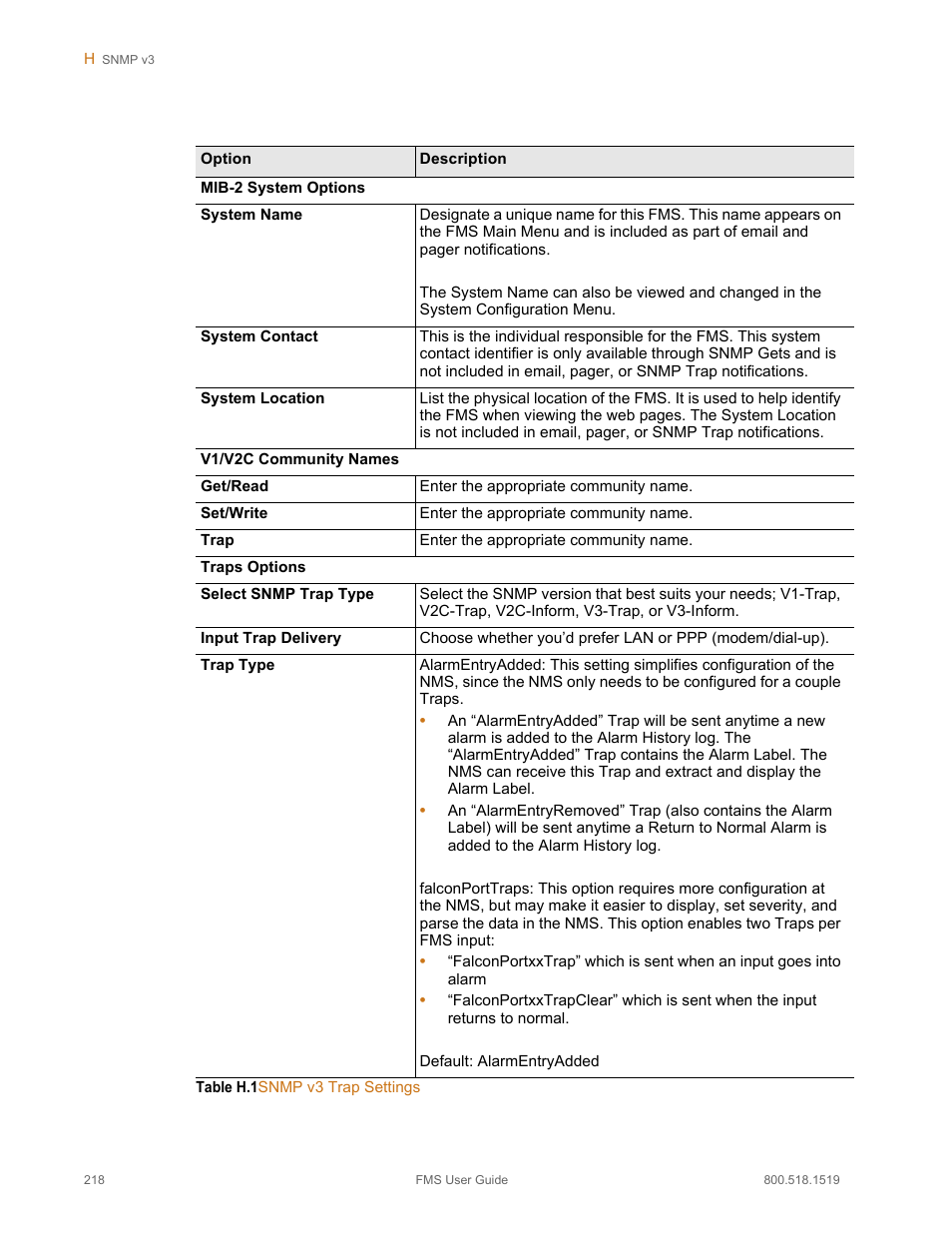 Table h.1, Snmp v3 trap settings | RLE FMS V.1.13 User Manual | Page 218 / 226