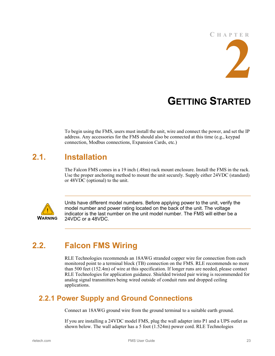 Getting started, Installation, Falcon fms wiring | 1 power supply and ground connections, Installation falcon fms wiring, Power supply and ground connections, Etting, Tarted | RLE FMS V.1.13 User Manual | Page 23 / 226
