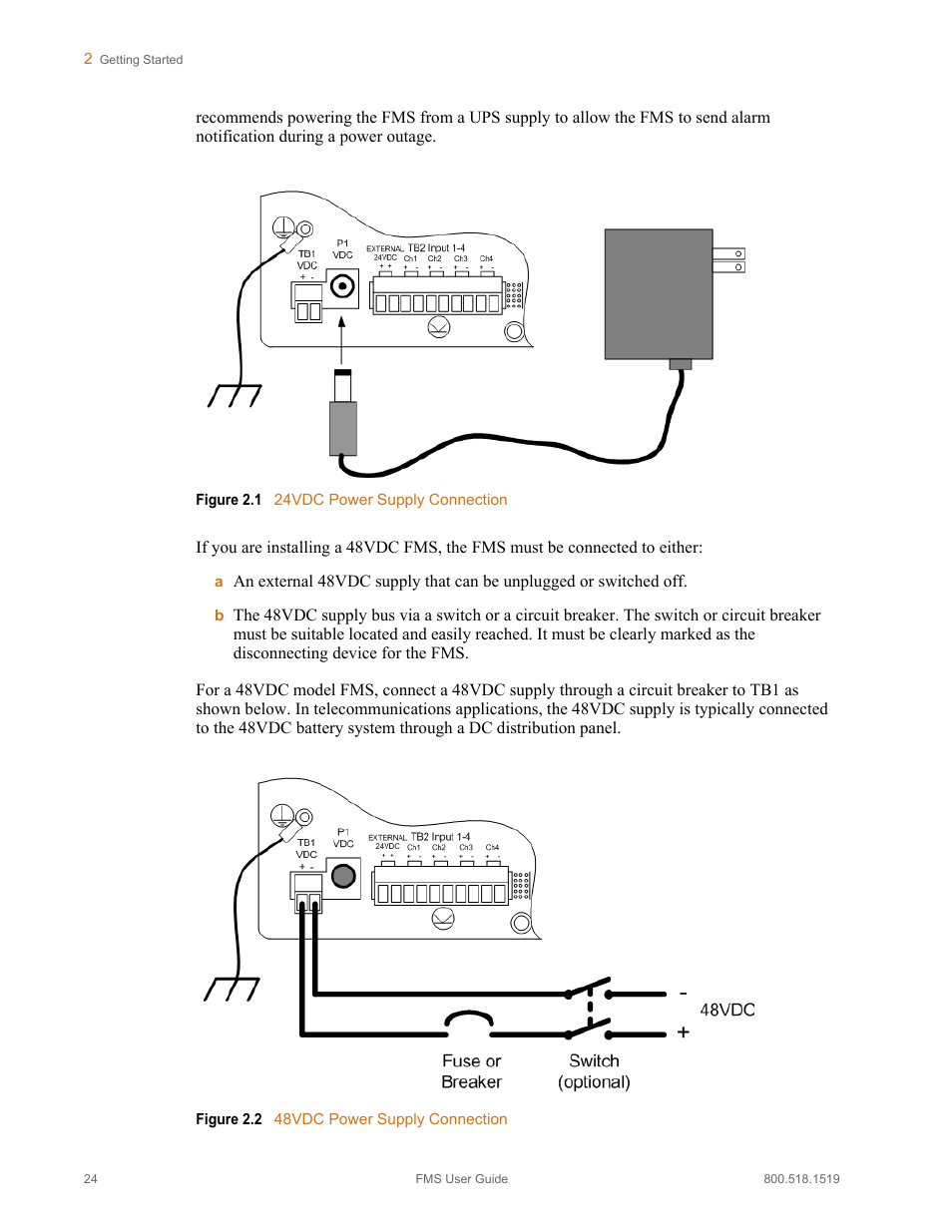 Figure 2.1, 24vdc power supply connection, Figure 2.2 | 48vdc power supply connection | RLE FMS V.1.13 User Manual | Page 24 / 226