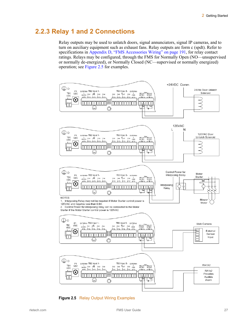 3 relay 1 and 2 connections, Relay 1 and 2 connections, Figure 2.5 | Relay output wiring examples | RLE FMS V.1.13 User Manual | Page 27 / 226