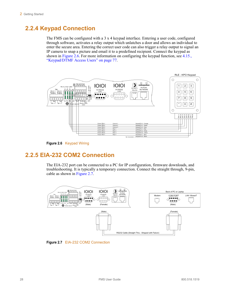 4 keypad connection, 5 eia-232 com2 connection, Keypad connection eia-232 com2 connection | Figure 2.6, Keypad wiring, Figure 2.7, Eia-232 com2 connection | RLE FMS V.1.13 User Manual | Page 28 / 226