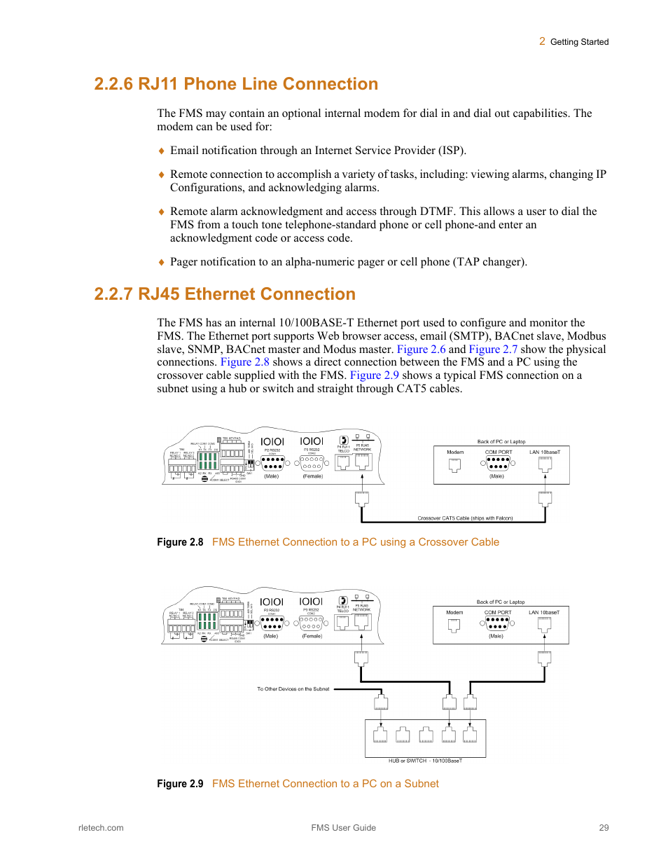 6 rj11 phone line connection, 7 rj45 ethernet connection, Figure 2.8 | Figure 2.9, Fms ethernet connection to a pc on a subnet | RLE FMS V.1.13 User Manual | Page 29 / 226