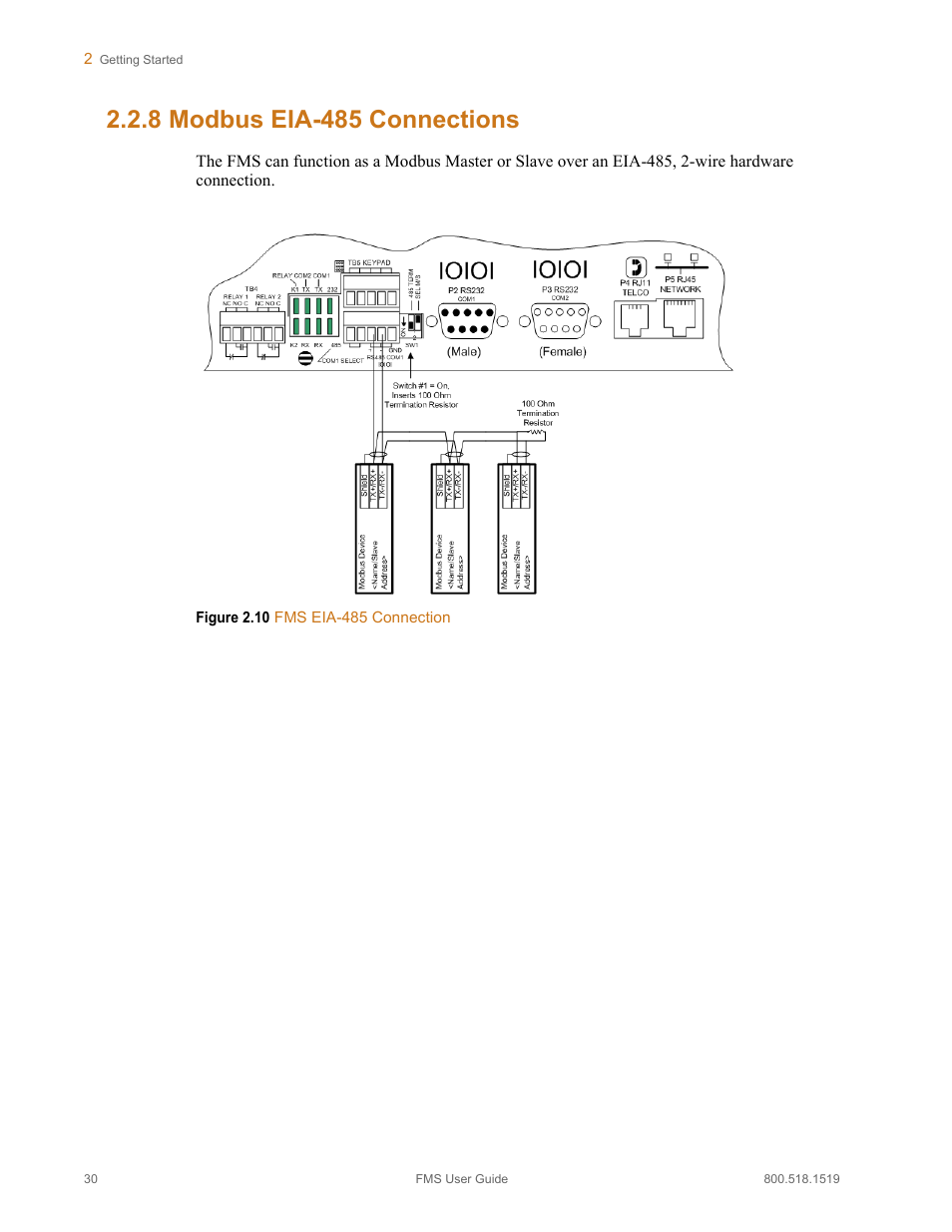 8 modbus eia-485 connections, Modbus eia-485 connections, Figure 2.10 fms eia-485 connection | RLE FMS V.1.13 User Manual | Page 30 / 226