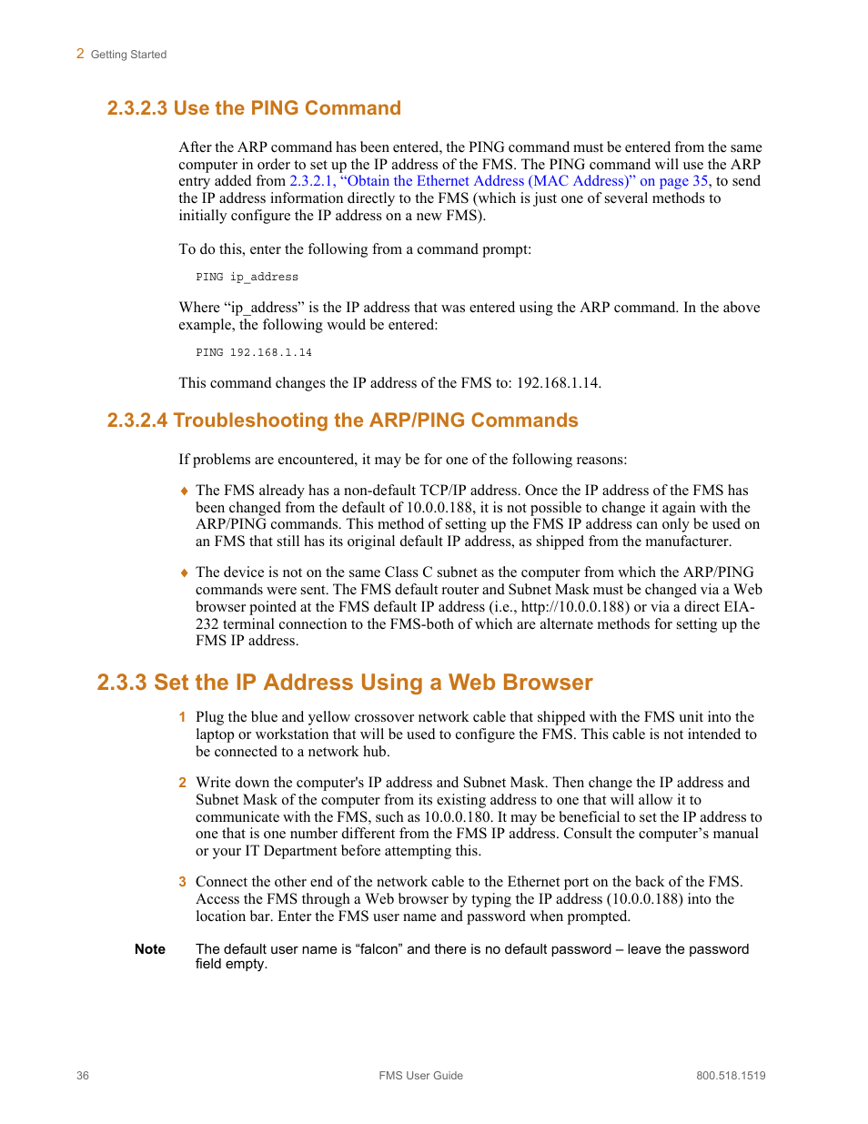 3 use the ping command, 4 troubleshooting the arp/ping commands, 3 set the ip address using a web browser | Set the ip address using a web browser | RLE FMS V.1.13 User Manual | Page 36 / 226