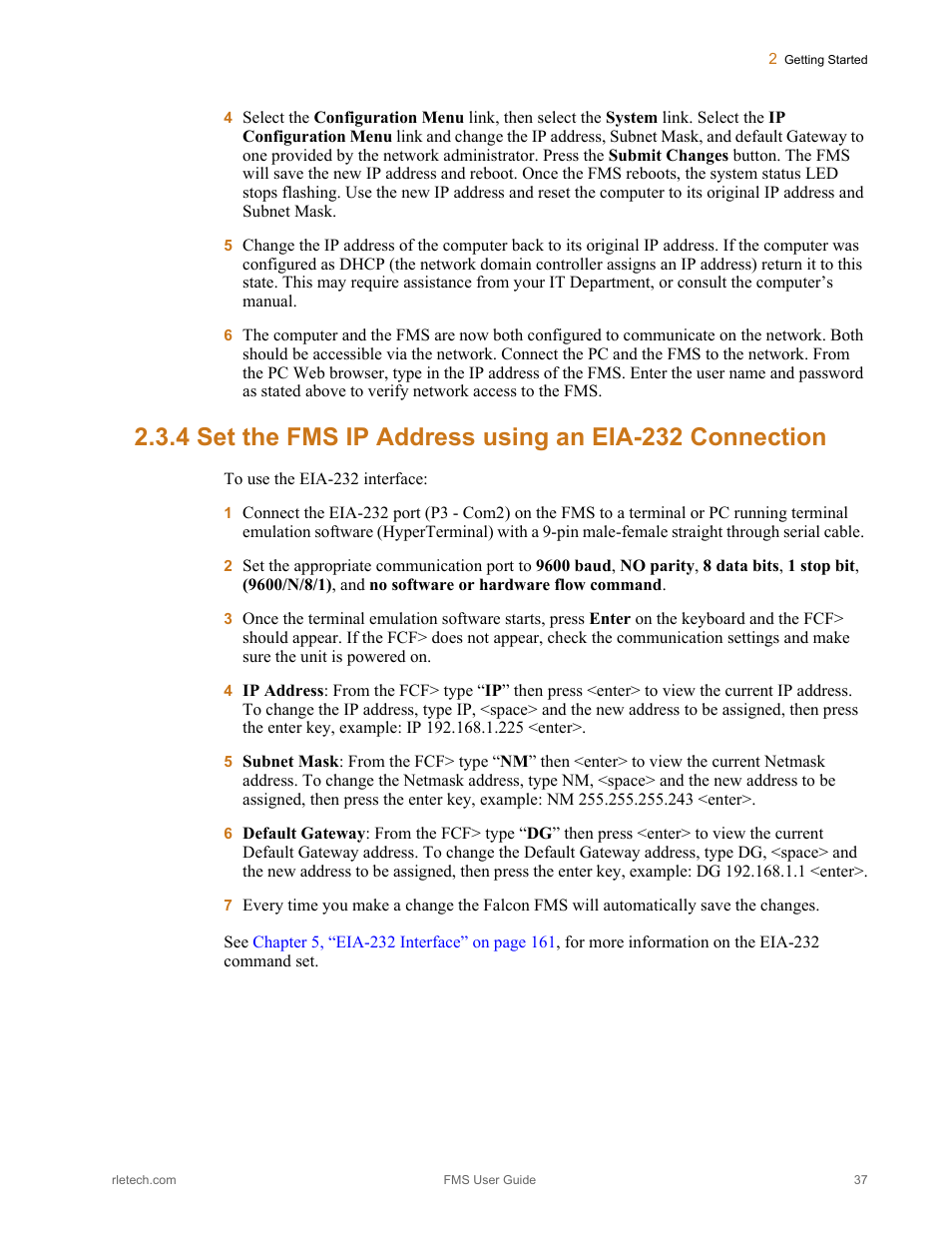 Set the fms ip address using an eia-232 connection | RLE FMS V.1.13 User Manual | Page 37 / 226