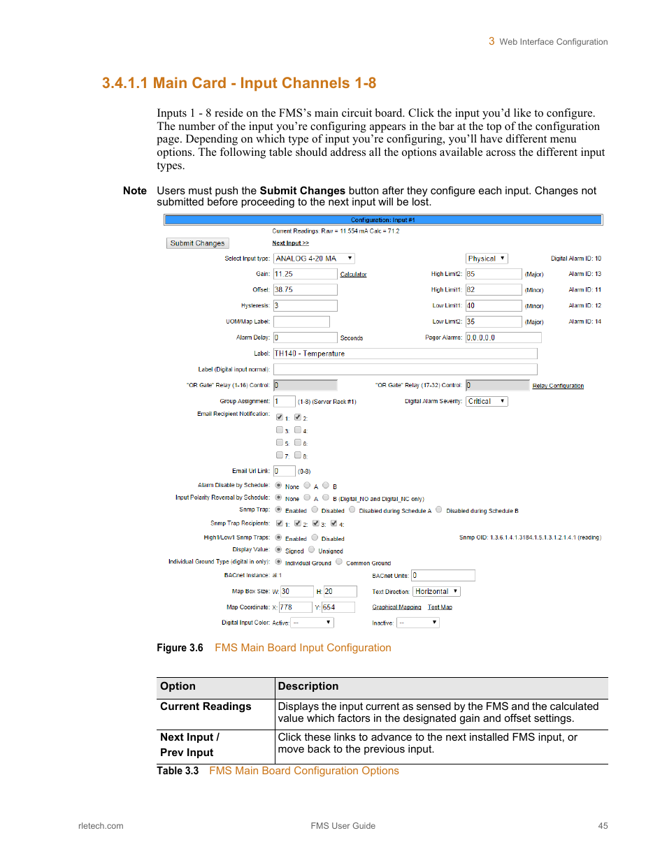 1 main card - input channels 1-8, Main card - input channels 1-8, Figure 3.6 | Fms main board input configuration, Table 3.3, Fms main board configuration options | RLE FMS V.1.13 User Manual | Page 45 / 226