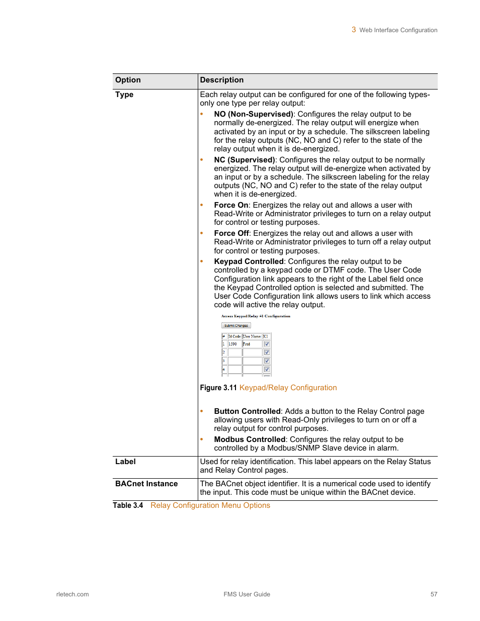 Figure 3.11 keypad/relay configuration, Table 3.4, Relay configuration menu options | RLE FMS V.1.13 User Manual | Page 57 / 226